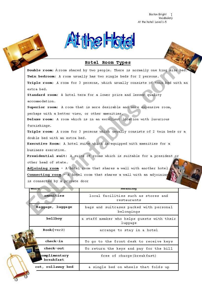 Hotel Vocabulary worksheet