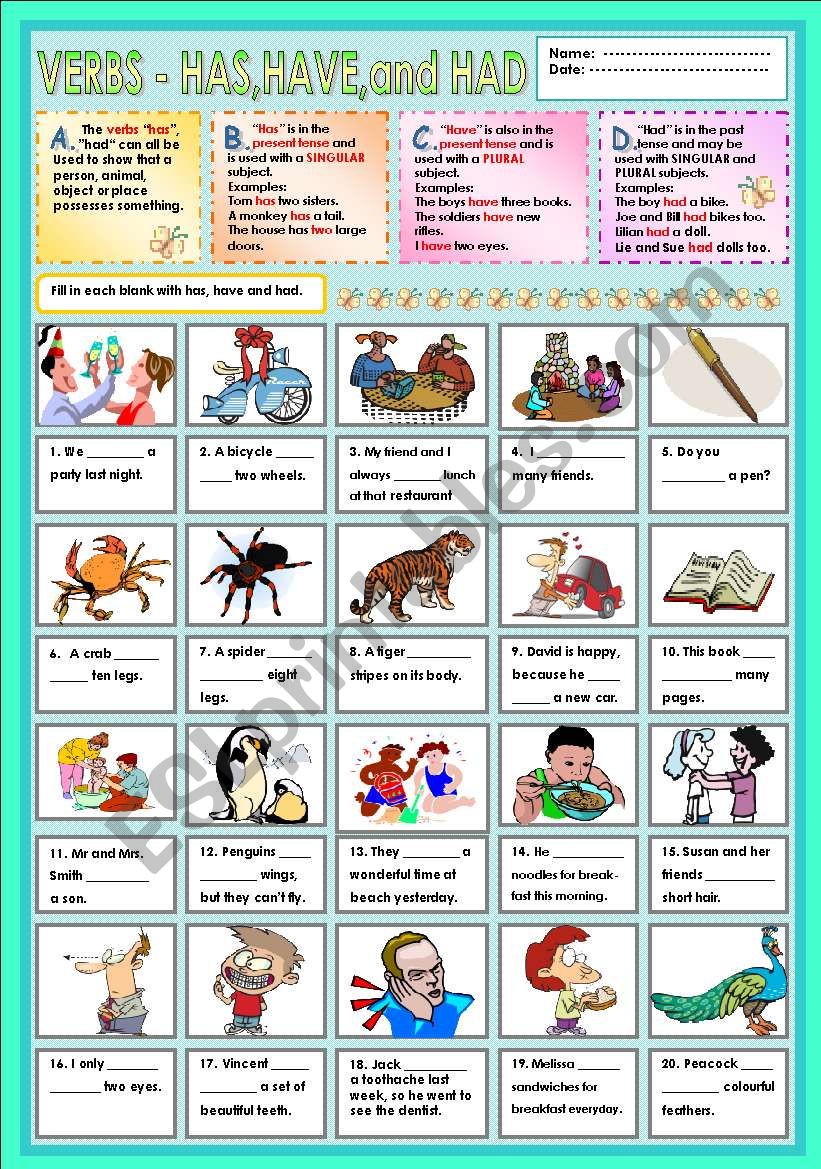 Verbs - has,have and had worksheet