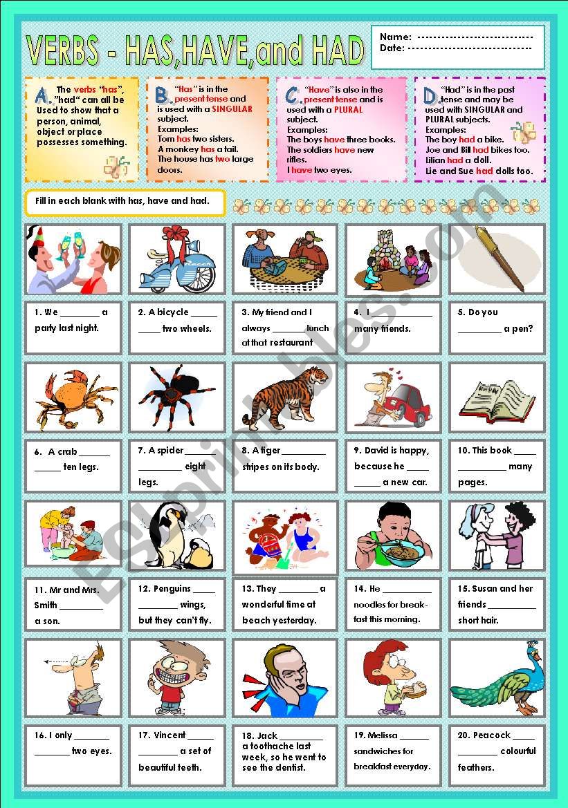 Verbs Has have And Had ESL Worksheet By Ayrin