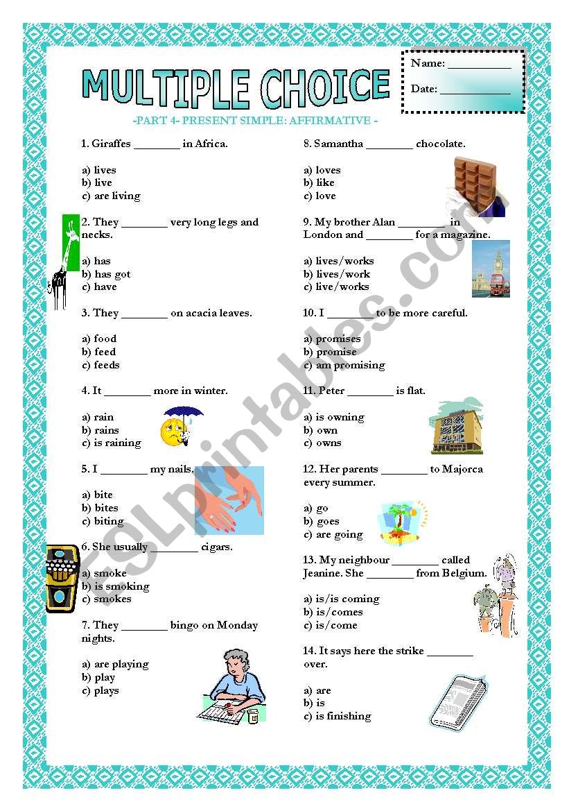 Multiple Choice (Part 4) - Present Simple (+,- & ?) (28 questions)