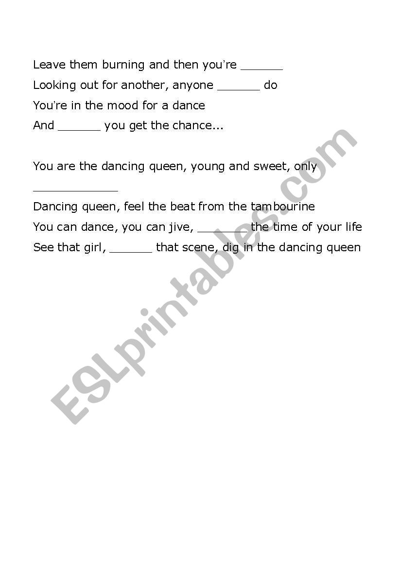 Lyrics Dancing Queen - ESL worksheet by estrada26