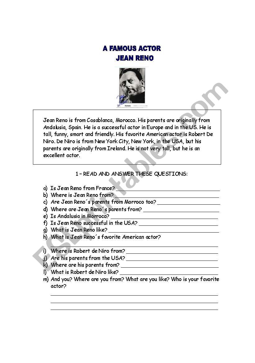 Jean Reno - a famous actor worksheet