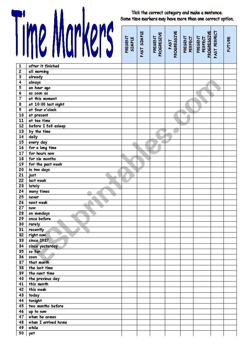 Time Markers worksheet