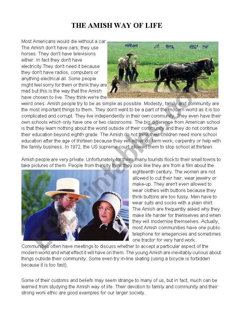 The Amish Way of Life worksheet