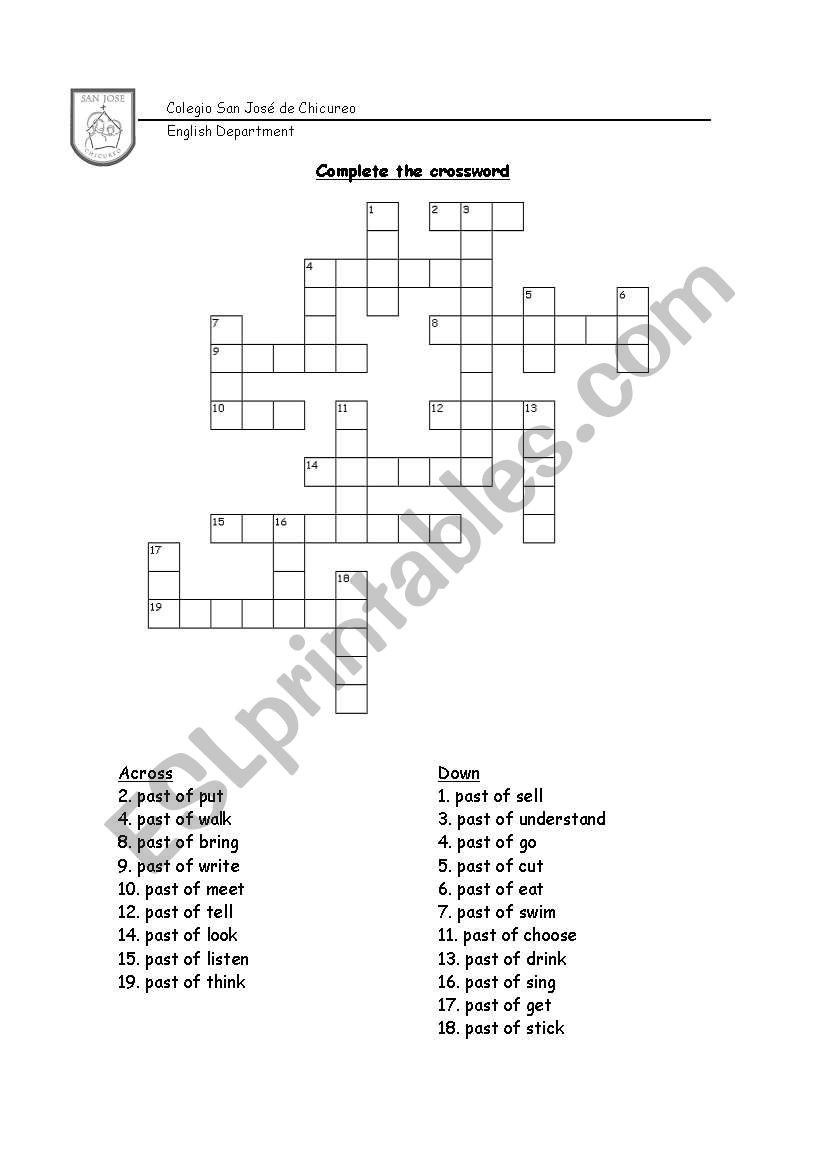 PAst tense crossword worksheet
