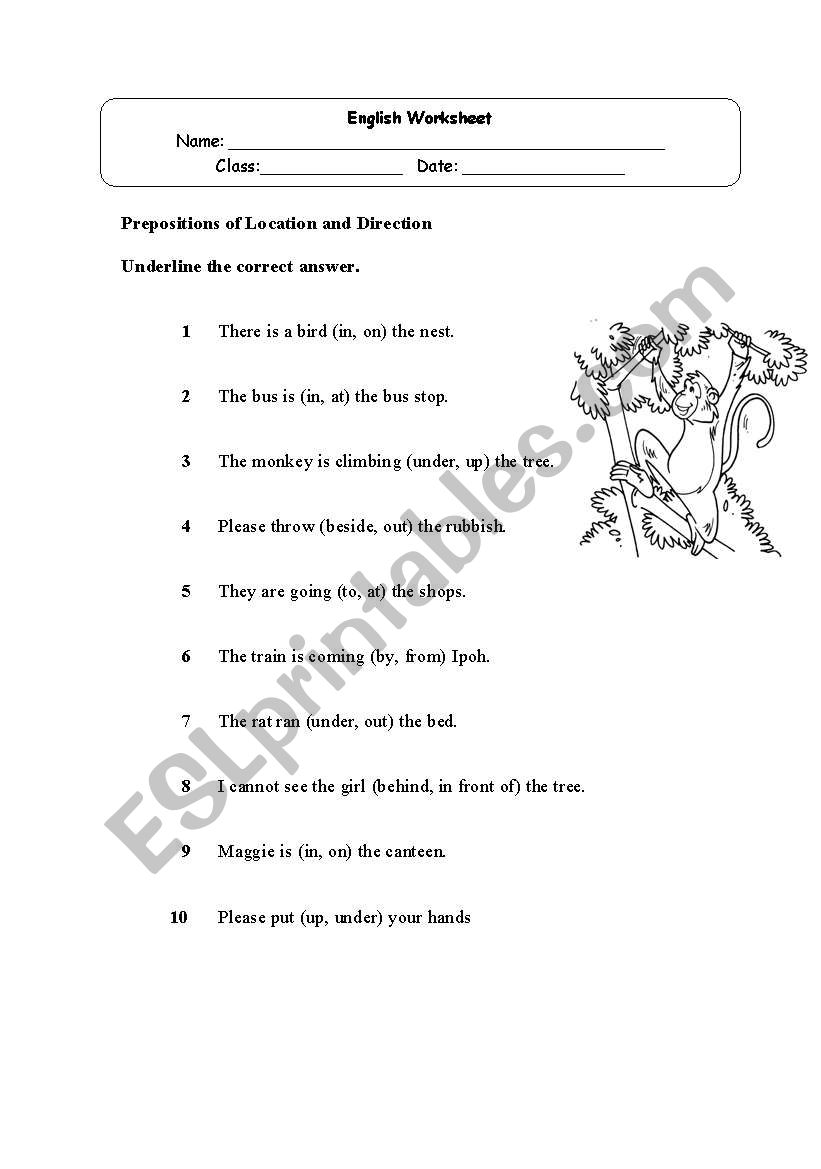 Preposition and location worksheet