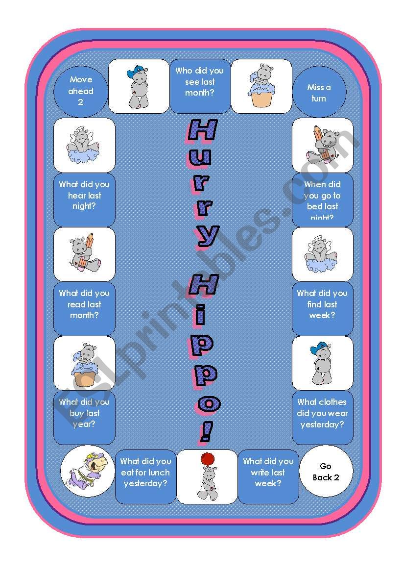 Hurry Hippo Game (with about 100 wordstrips containg irregular verbs in their base and and past tense form, black and white version included)