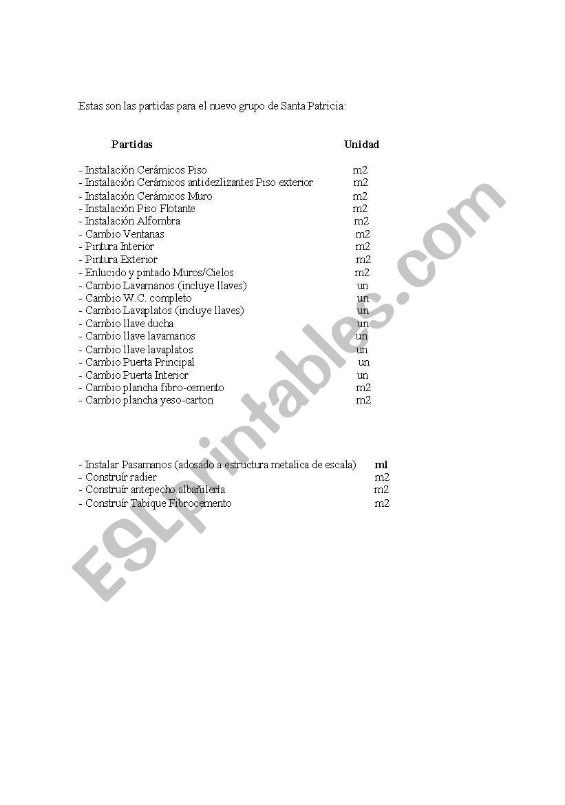 materials worksheet