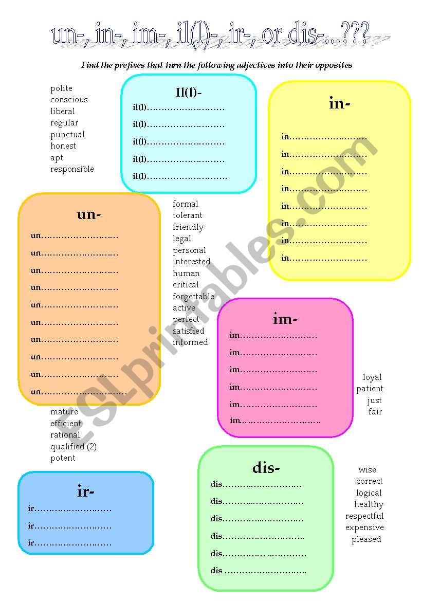 Prefixes In Im Il Ir Exercises Exercise Poster
