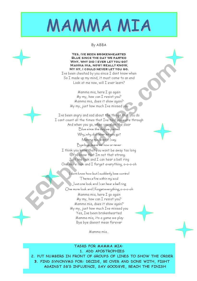 Mamma mia - lyrics worksheet worksheet