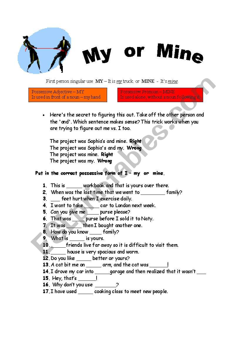 My  or Mine worksheet