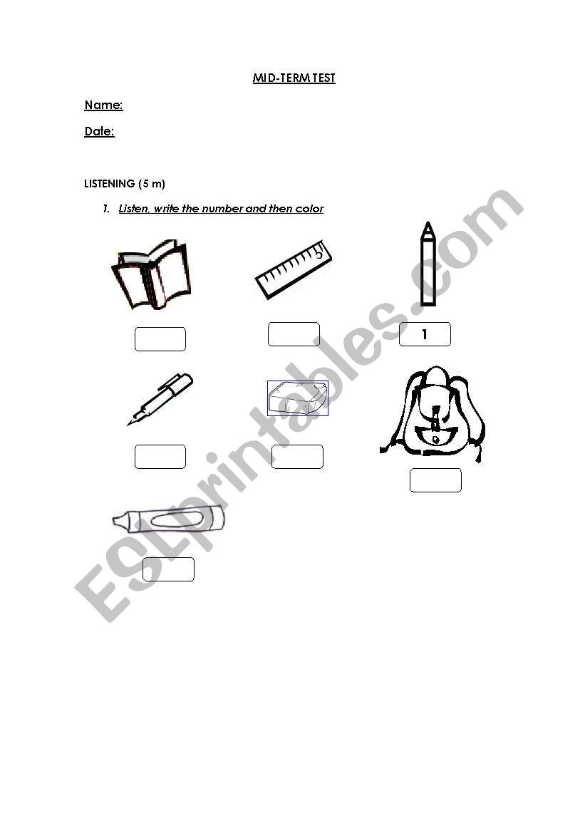 school objects worksheet