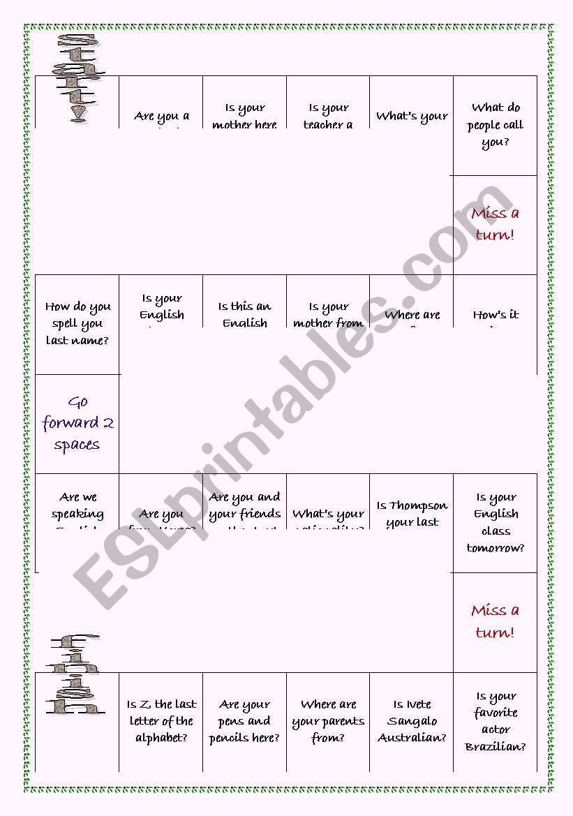 Board game - short answers using verb to be