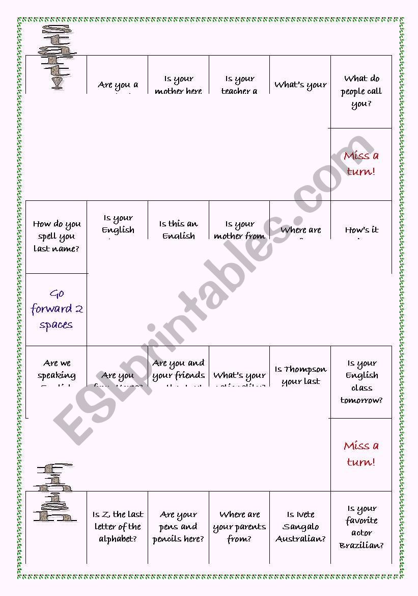 Board game - short answers using verb to be