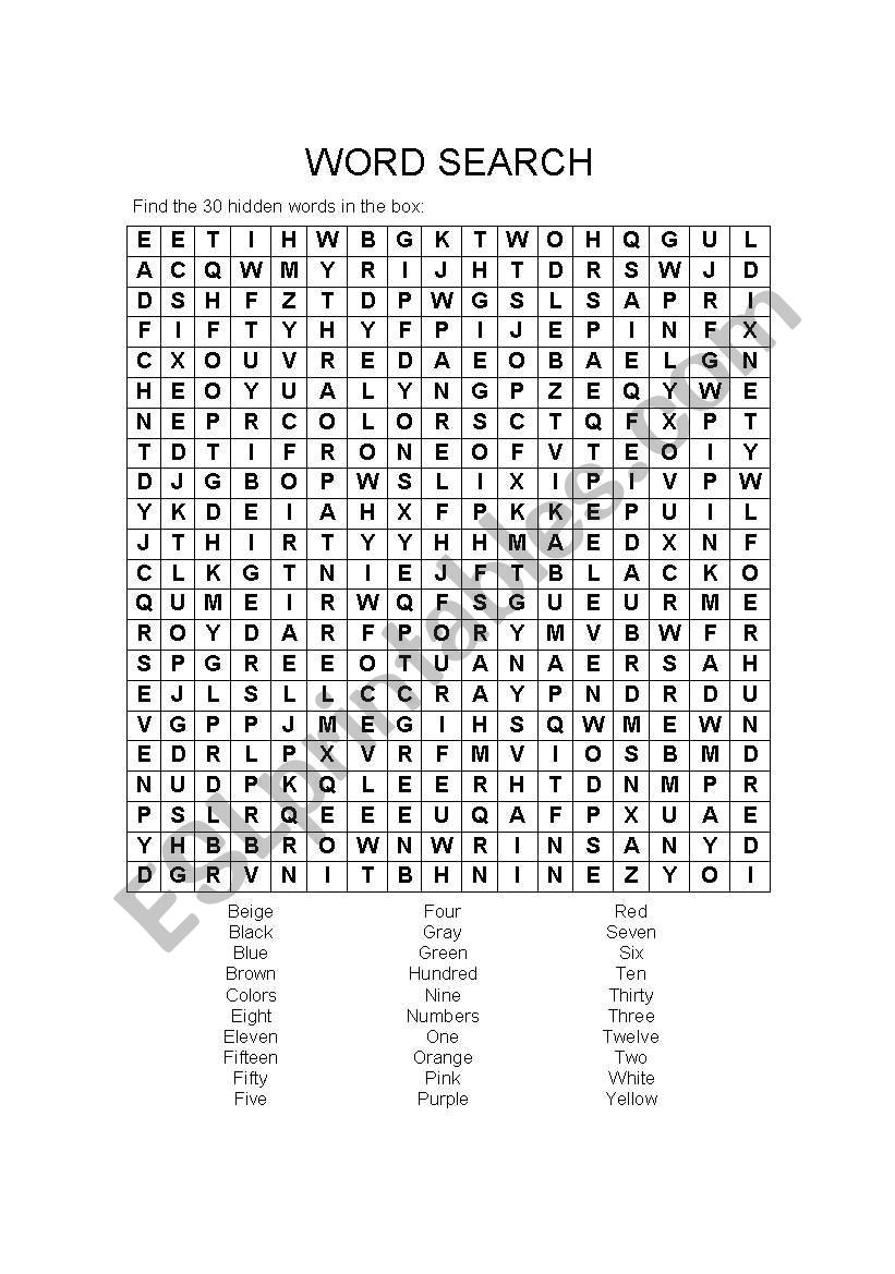 Colors and numbers wordsearch worksheet