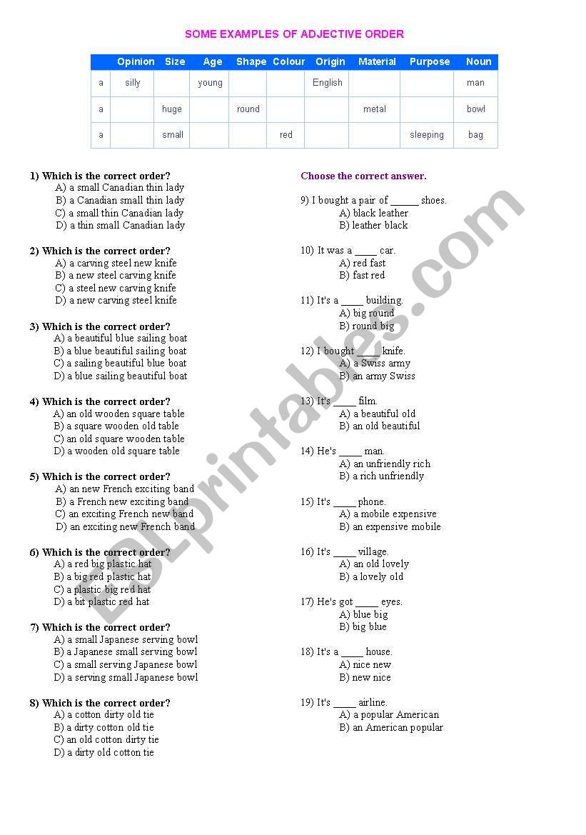 ORDER OF ADJECTIVES   TEST worksheet