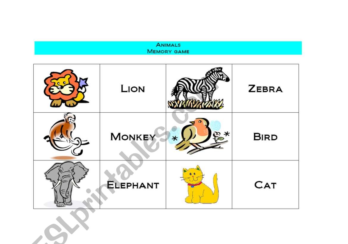 Animals - Memory Game worksheet