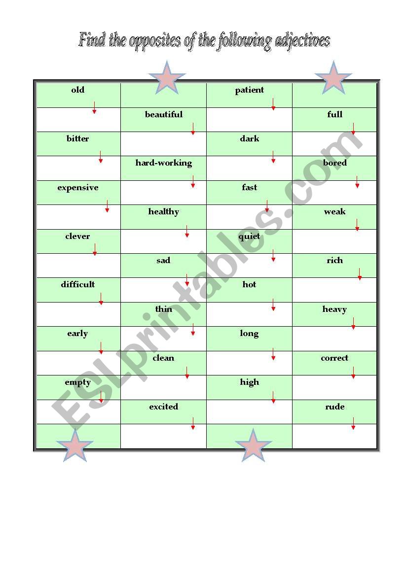 Find the opposites of the following adjectives