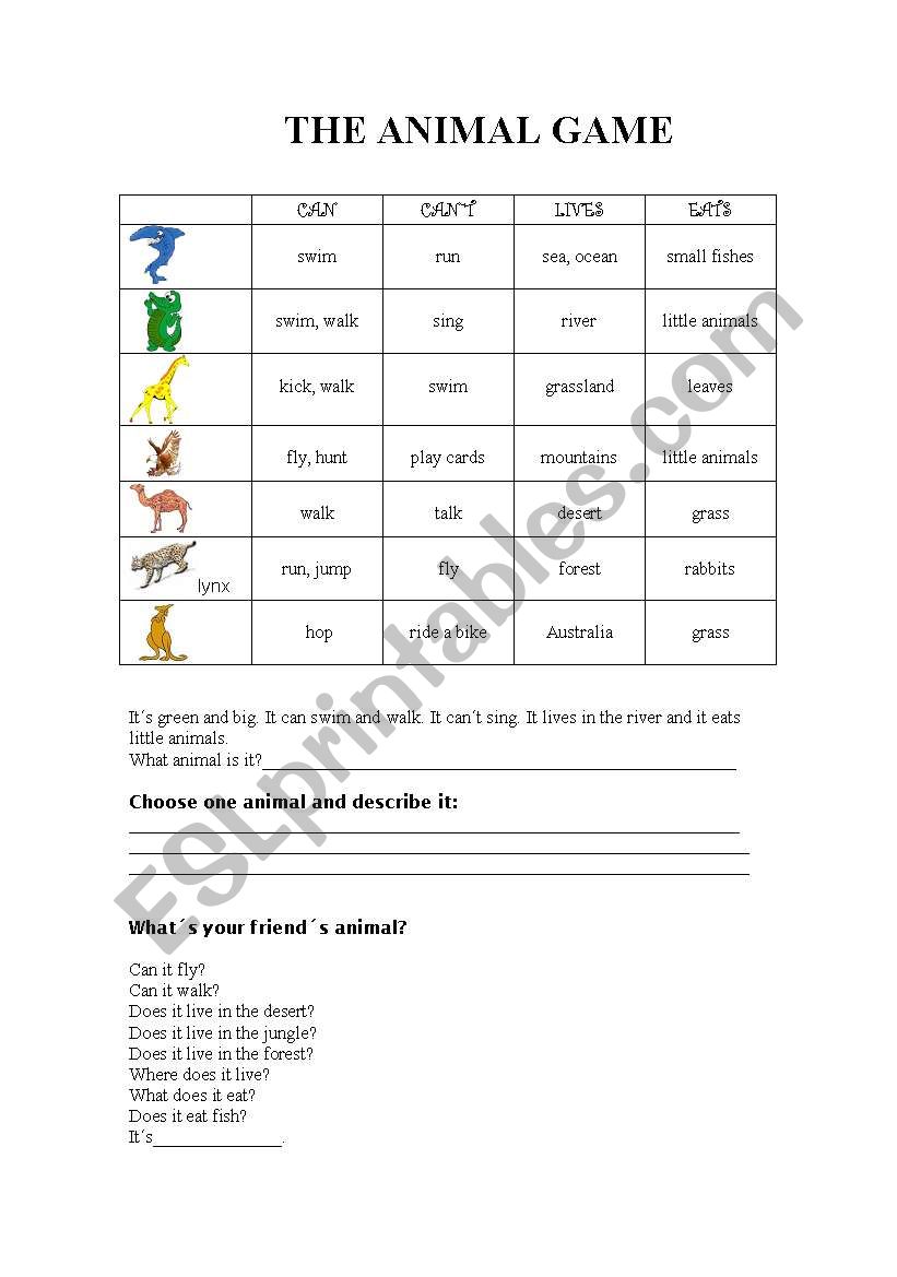 the animal game worksheet