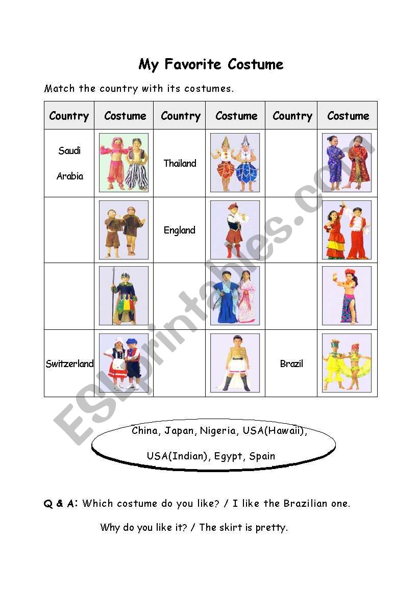 My Favorite Costume worksheet