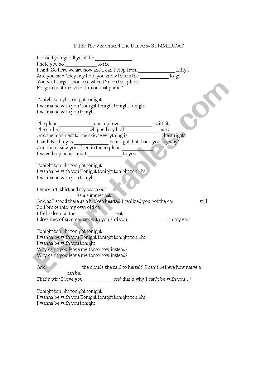 Summer Cat lyrics worksheet