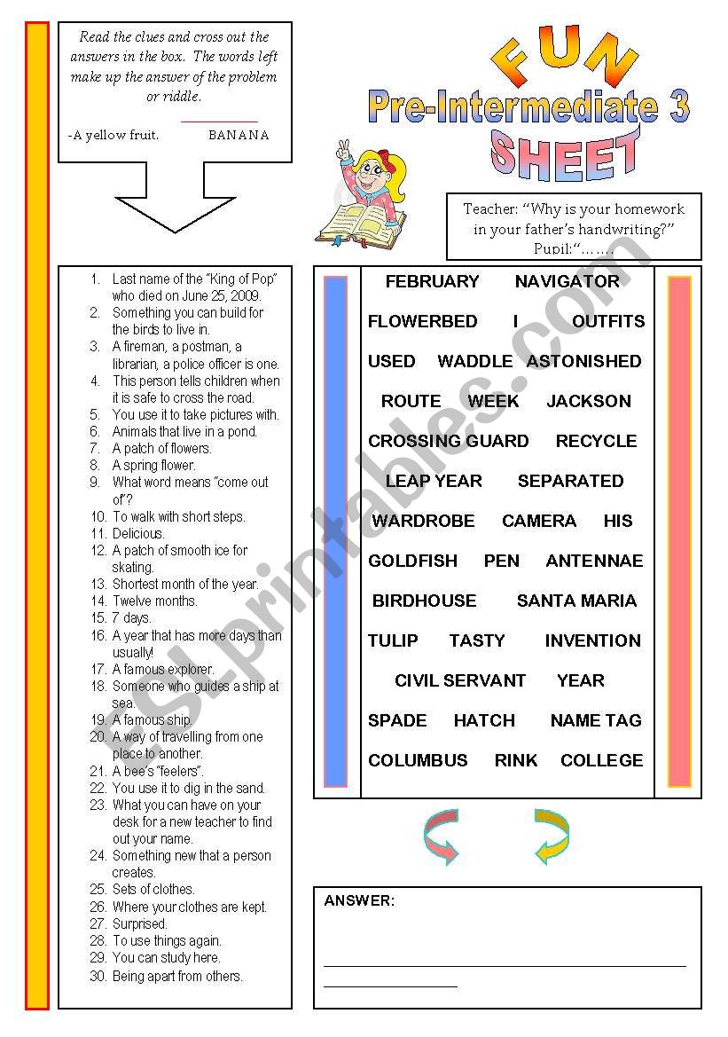 Fun Sheet Pre-Intermediate 3 worksheet