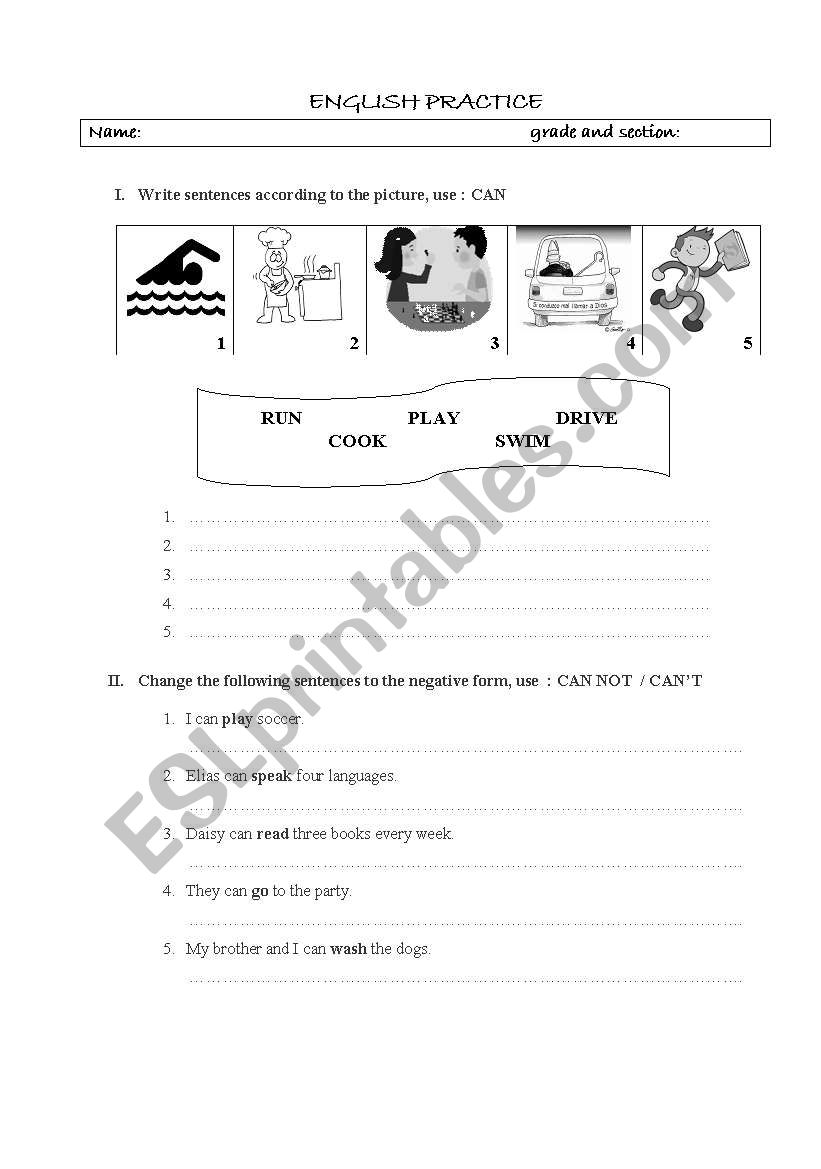 can +english practice worksheet