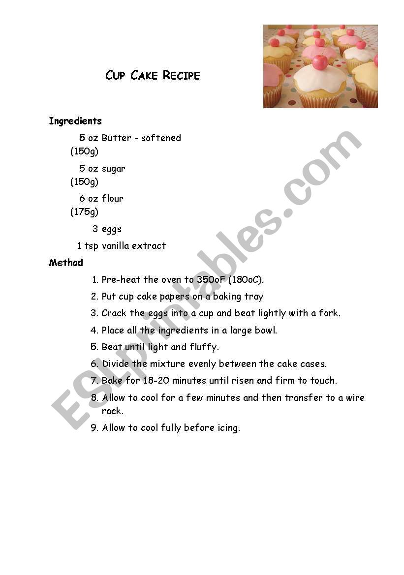 Cup Cake Recipe Lesson worksheet