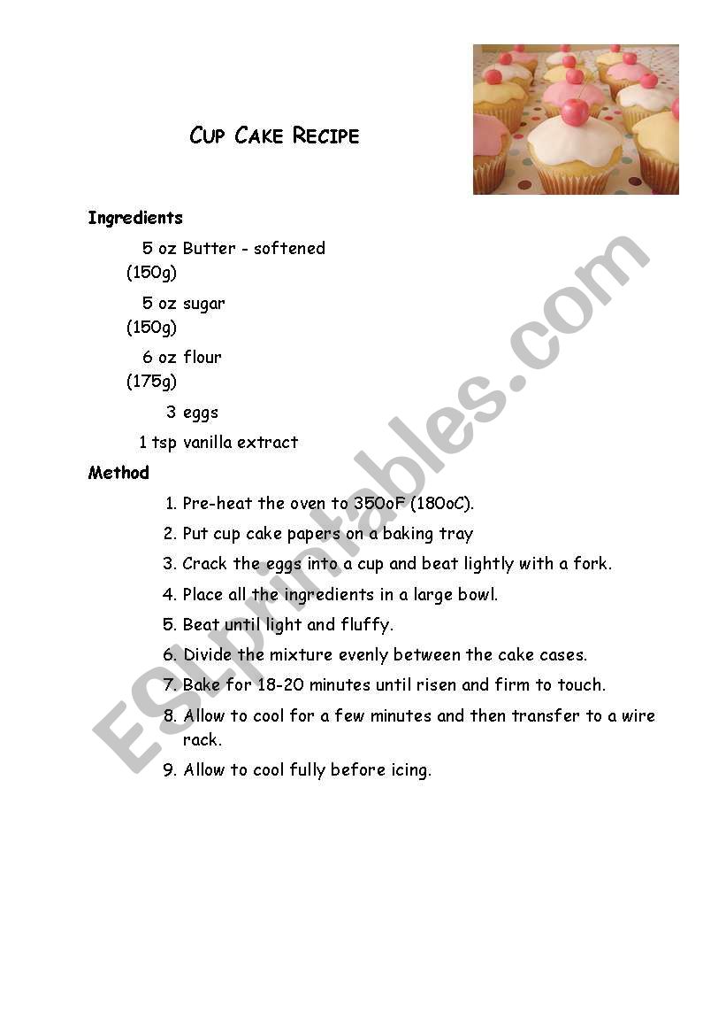 Cup Cake Recipe Lesson worksheet