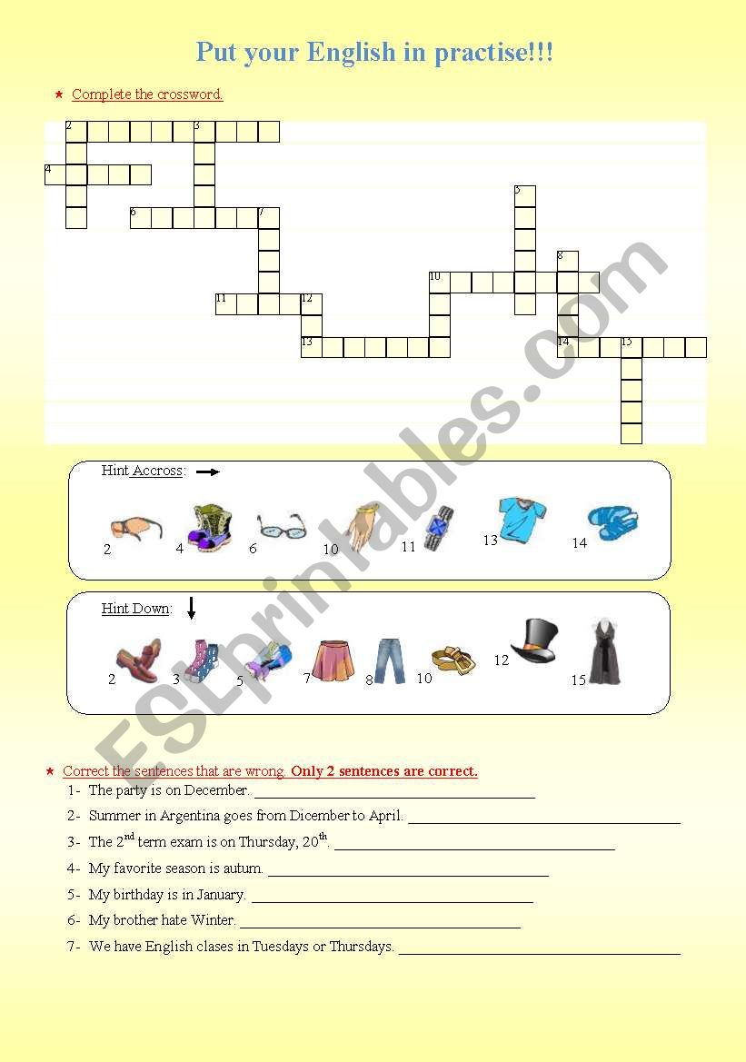 clothes crossword, error correction, IN/ AT/ ON, ONE/ONES, e-mail about a favourite festival