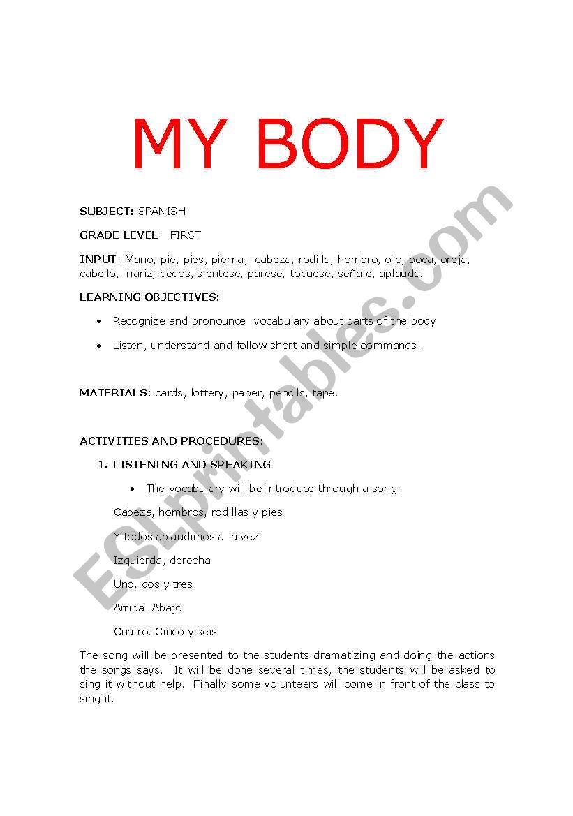 MY BODY worksheet