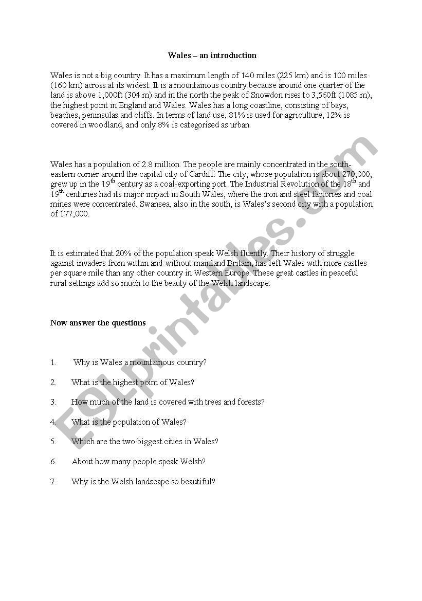 Wales – an introduction worksheet