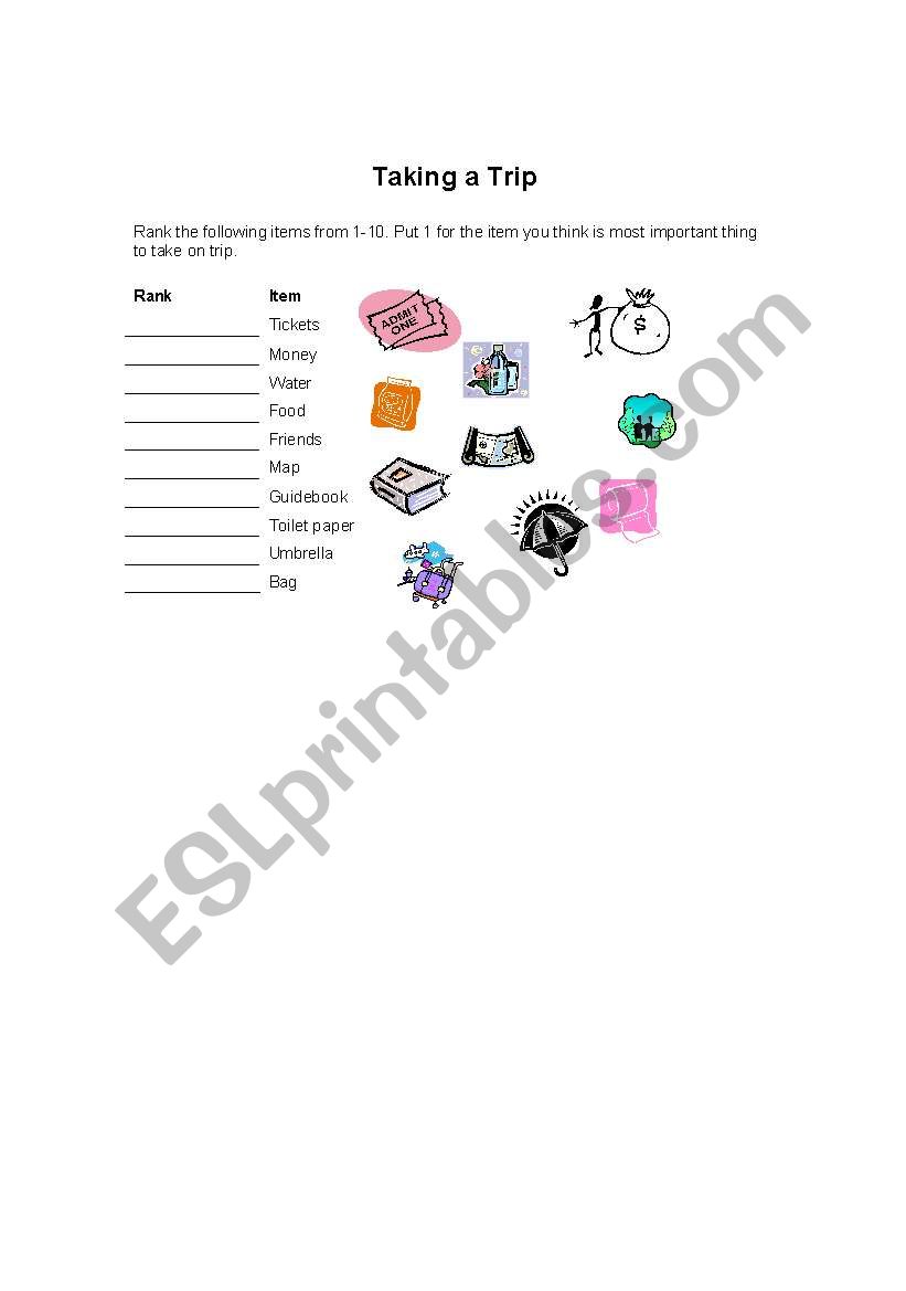 Taking a Trip worksheet