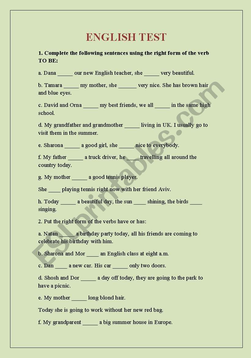 English Test worksheet