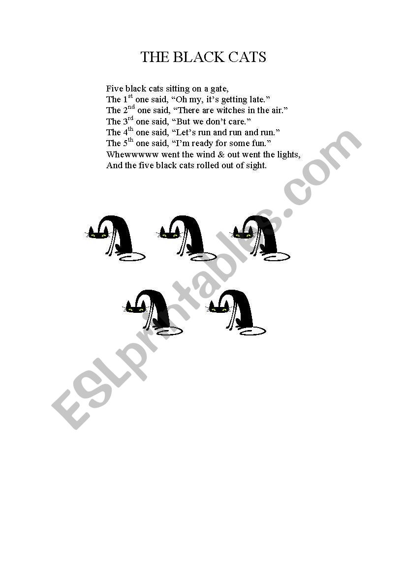 Five black cats (Finger play) worksheet