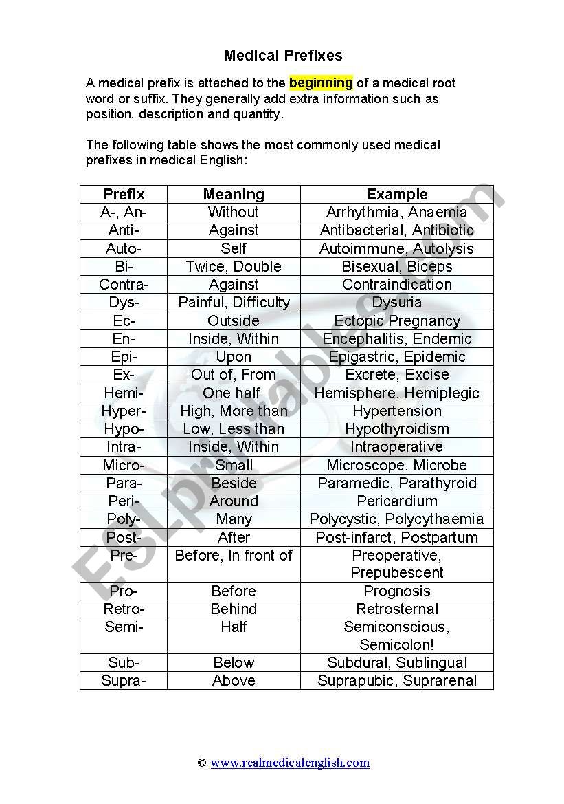 20. Medical Terminology - Prefixes - ESL worksheet by With Regard To Medical Terminology Prefixes Worksheet