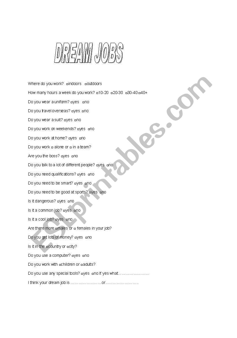 Dream jobs worksheet