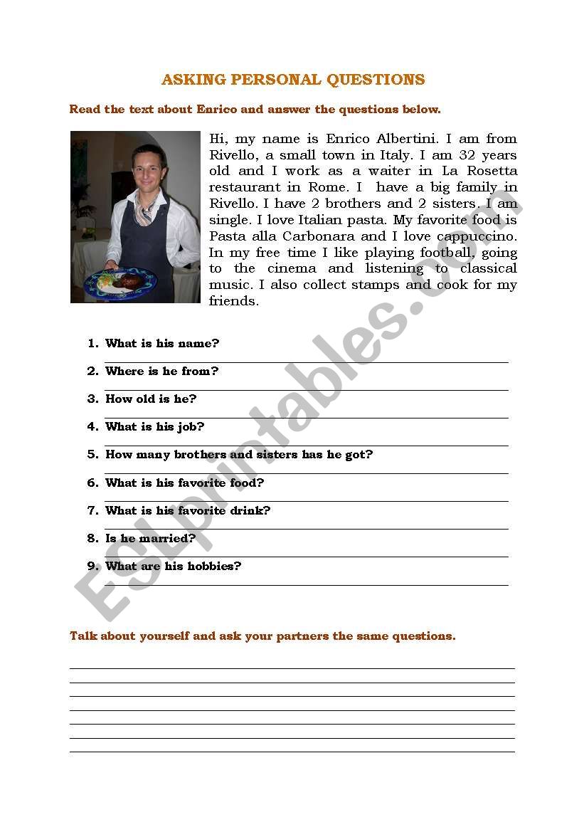 Personal questions worksheet