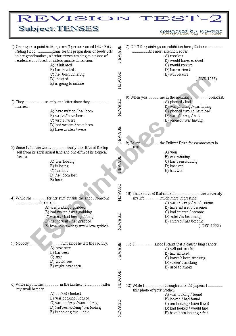 REVISION TEST-2  TENSES worksheet