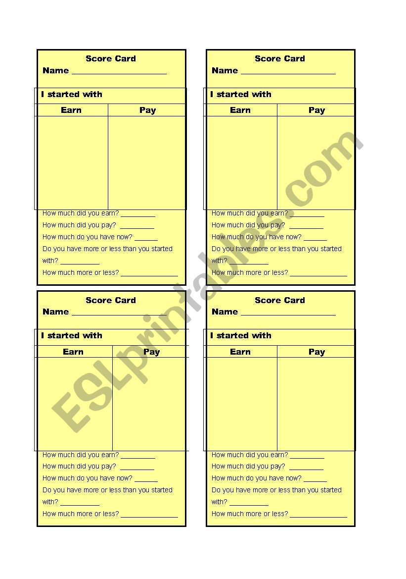 Scorecards for Money Game (2 of 2)