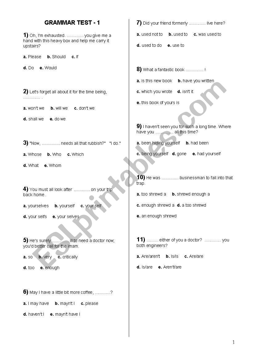 grammar test worksheet