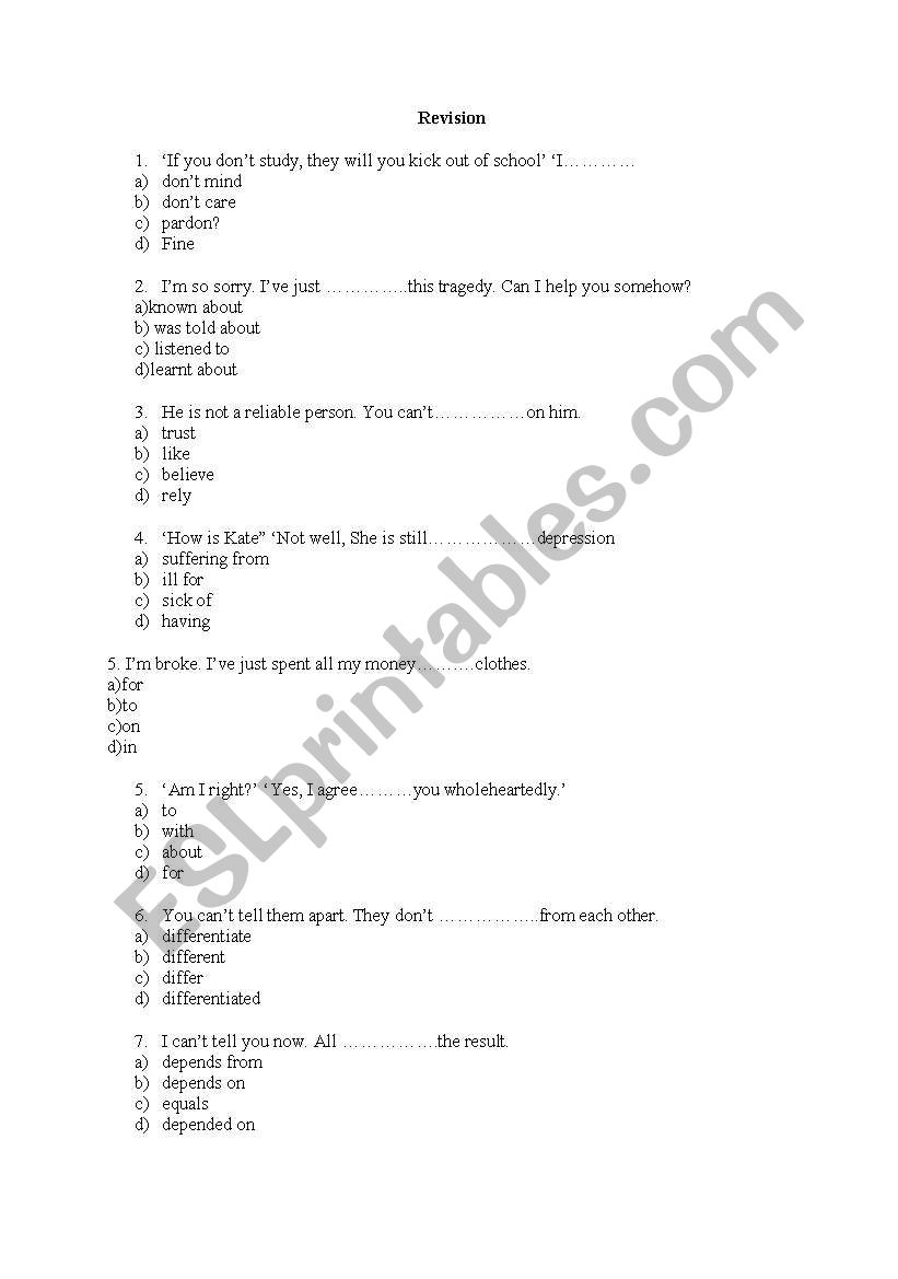 verbs+prepositions worksheet