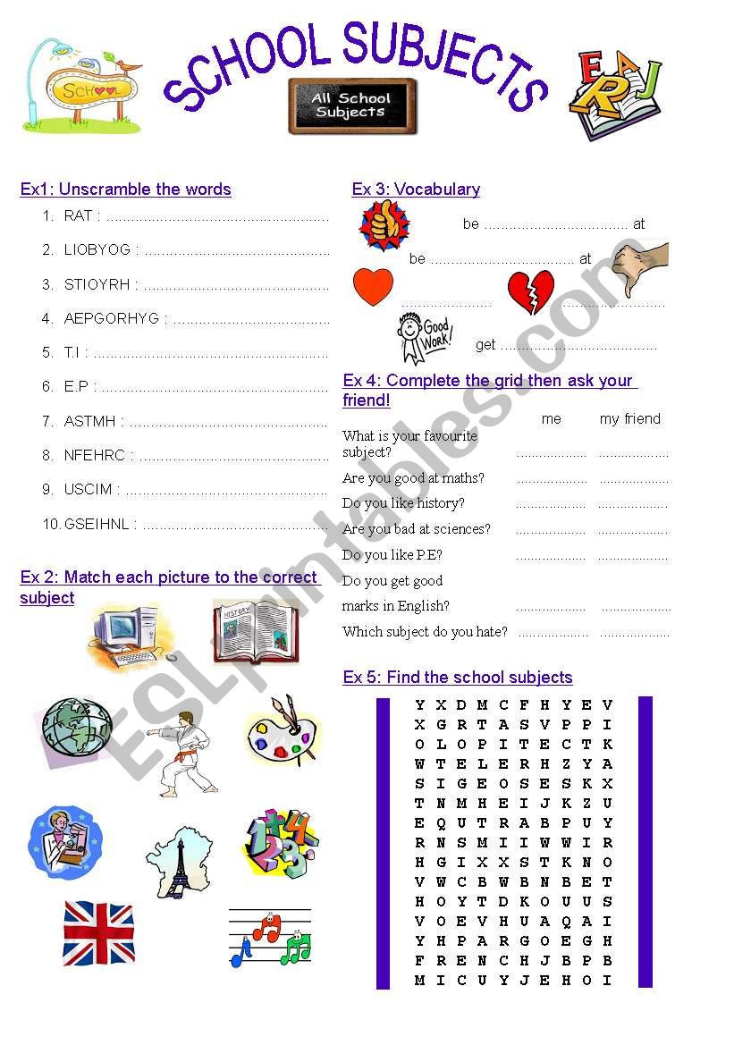 SCHOOL SUBJECTS worksheet