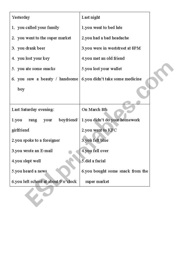 past tense game worksheet