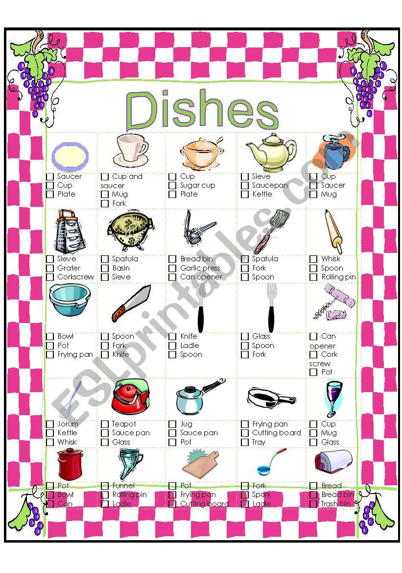 Dishes- multiple choice worksheet