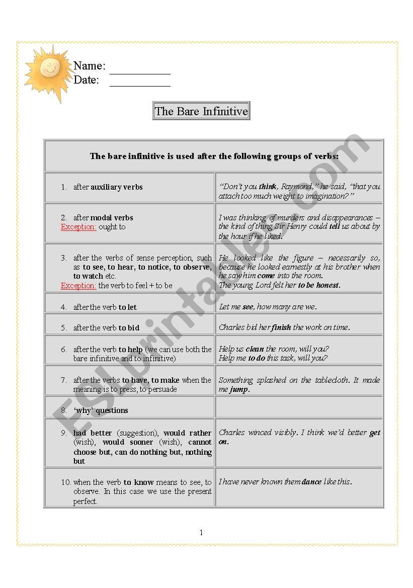 The Bare Infinitive worksheet