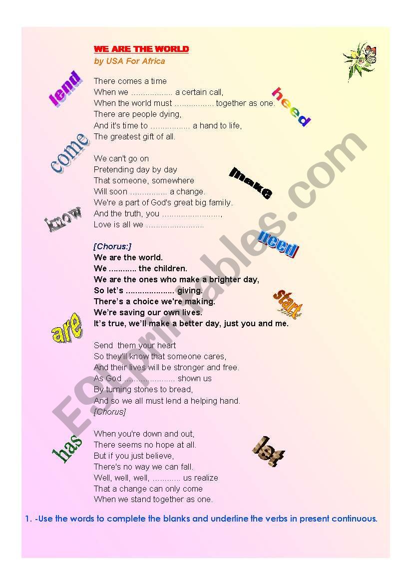 We are the world  worksheet