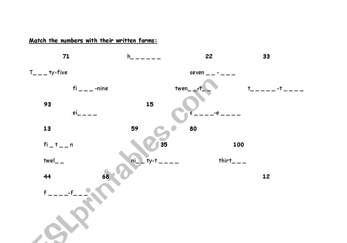 numbers worksheet