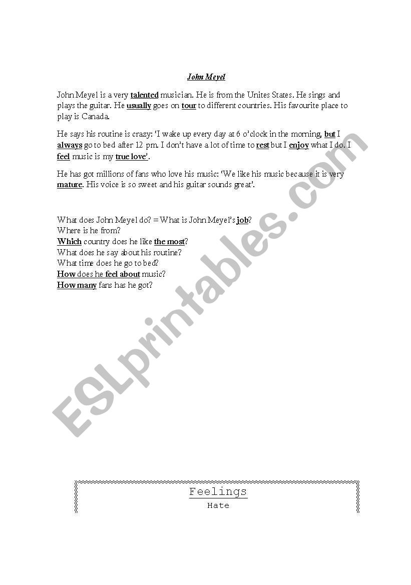 Simple present short reading comprehension  and questions about feelings