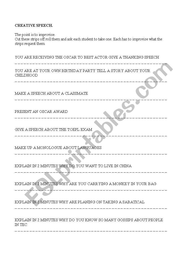 creative speech worksheet